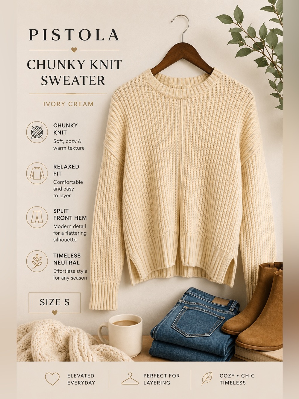 Pistola Ivory Cream Chunky Knit Sweater Size S Split Hem Cozy Pullover